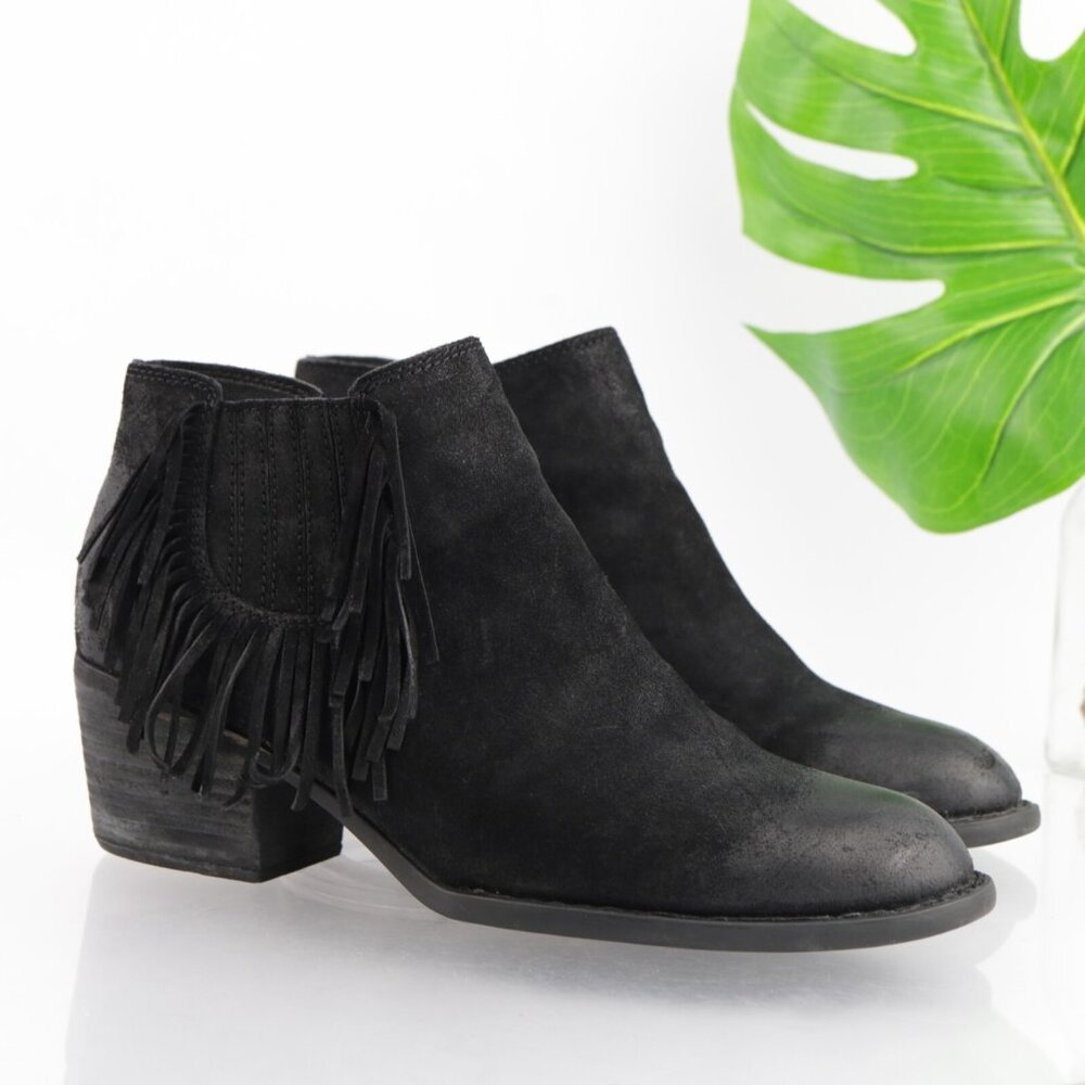 Born Womens Danni Boots Size 11 Black Suede Distress Fringe Booties‎ Block Heels